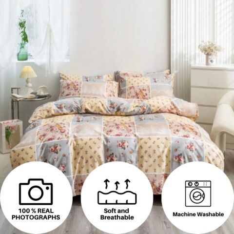 LUNA HOME King size 6 pieces Bedding Set without filler, Cream Color Flower Design