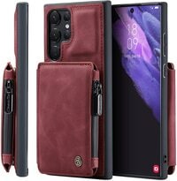 Caseme for iPhone 13 Pro Max, Double Magnetic Clasp Zipper Purse PU Leather Wallet Case with Credit Card Slot Holder Back Flip Cover for iPhone 13 Pro Max 6.7 inch - Red