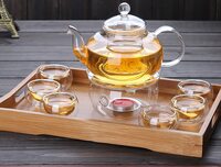 1CHASE&reg; Borosilicate Heat Resistant Glass Teapot with Tea Warmer and 50 ml Double Wall Glass 6 Pc Set for Blooming Tea, Flower Tea, Loose Leaf Tea, Espresso, Tea, coffee