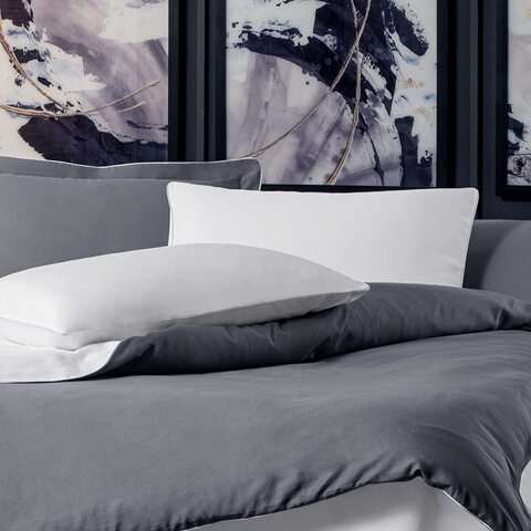 Hayra Home Luxurious Elegant Set of Duvet Cover 100% Cotton Satin With Pipping 200x220,Pillow Case 50x70,Oxford Pillow Cases and Fitted Sheet 180x200 Grey &amp; White-Baby Blue Piping