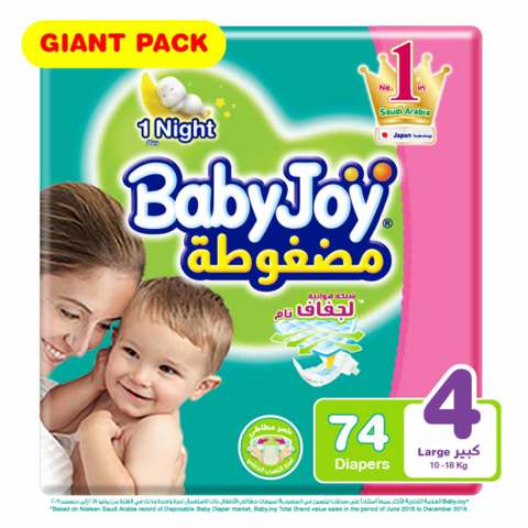Buy Babyjoy Compressed Diamond Pad Diaper Size 4 Large 10-18kg Giant Pack 74 Diapers in UAE