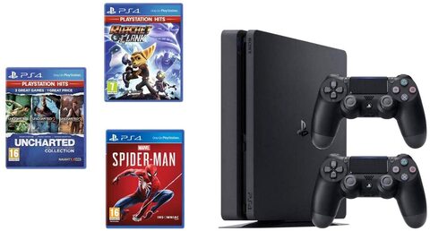 Sony PlayStation 4 Slim 500 GB Console with Two DualShock 4 Controllers with 3 Games: Ratchet &amp; Clank, Spiderman, Uncharted Collection with 3 Months PSN+ Subscription