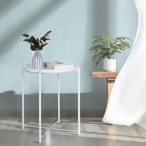 Round White Metal Tray End Side Table Living Room Bedroom Patio Furniture 
