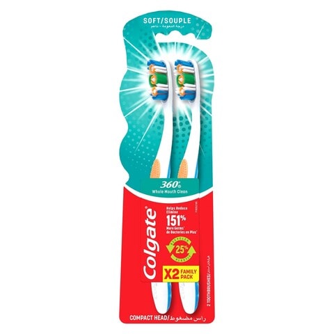 اشتري كولغيت 360، فرشاة أسنان ناعمة بيضاء قطعتان. في الامارات