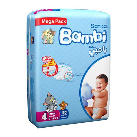 Buy Sanita Bambi Diaper Size 4 Large 8-16kg Mega Pack White 80 count in Saudi Arabia