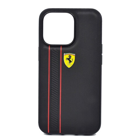 Ferrari Genuine Leather Hard Case With Debossed Stripes Iphone 13 Pro Black