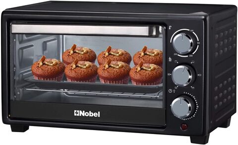Nobel 18 Litres Electric Oven With 3 Knob Control And 60 Minutes Timer With Bell, 100 - 250 Degrees Temperature Control &amp; Stainless Steel Handle, Heat Resistant Tempered Glass NEO20 Black