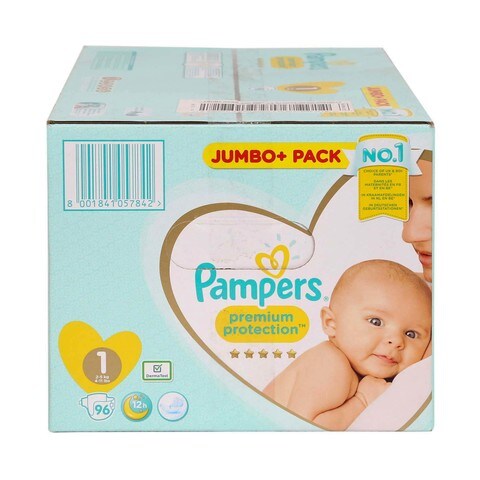 Pampers Premium Protection Diapers, Size 1, Newborn, 2-5Kg, 96 Baby Diapers