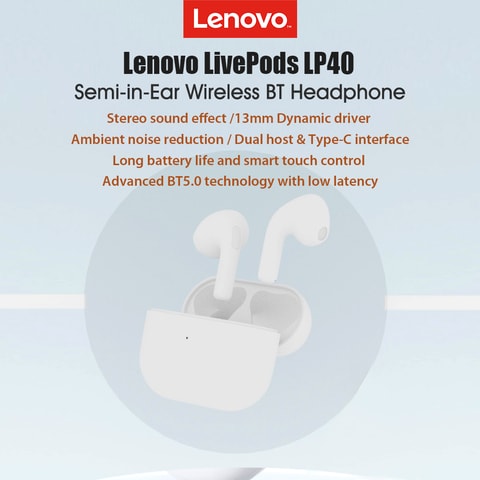 Lenovo-White LivePods LP40 TWS Semi-in-ear Earphones BT 5.0 Headphones True Wireless Earbuds with Touch Control Hands-Free&nbsp;Call Stereo Sound Noise Canceling Waterproof Binaural Design Headsets&nbsp;with&nbsp;MI