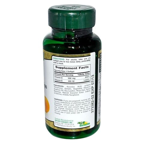 Nature&#39;s Bounty Vitamin C And E Rose Hips C 500Mg E 400IU Supplement 50 Soft Gel