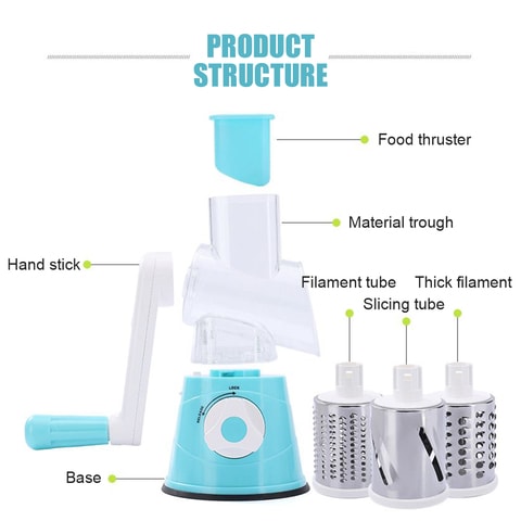 Decdeal - Multifunctional Vegetable Grater Rotary Cheese Grater Vegetable Slicer 3 Interchangeable Blades Easy Clean Rotary Grater Slicer for Fruit Vegetables Nuts Kitchen Gadgets