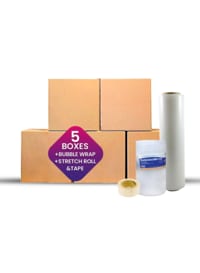 Generic Recyclable Corrugated Cardboard Boxes, Brown Carton Packaging 5 Box With Bubble Wrap, Stretch Roll &amp; Tape Bundle Offer Packing Set Of 8 Items, 45x54x68 cm