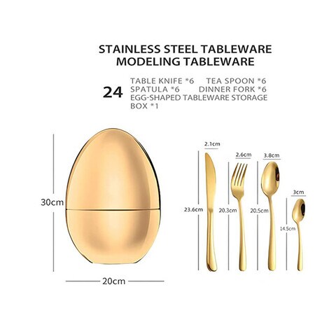 304 Stainless Steel Mood Flatware Modeling Tableware 24-Piece Flatware Set Knife, Fork and Spoon 6-Person Tableware Set with Egg-Shaped Tableware Storage Box Gold