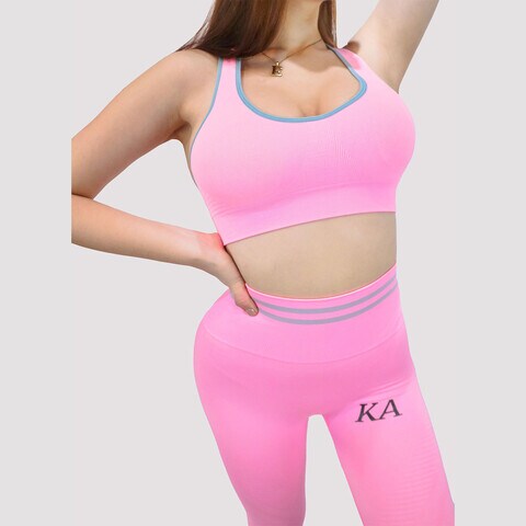 Kidwala 2 Pieces Pulse Set - High Waisted Leggings with Sports Round neck Bra Shoulder Strap Workout Gym Yoga Sleeveless Outfit for Women (Large, Pink)