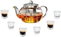 Lushh Borosilicate Heat-resistant Glass Tea Pot 1000 ML with Stainless Steel Removable Infuser + Double Walled Thermo Espresso Glasses 6Pcs 80 ML set for Loose Leaf Tea