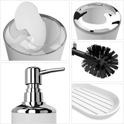 Bathroom Accessories Set 6 Piece Bath Ensemble with Smooth Surface Includes Soap Dispenser, Toothbrush Holder, Toothbrush Cup, Soap Dish for Decorative Countertop and Housewarming Gift, White