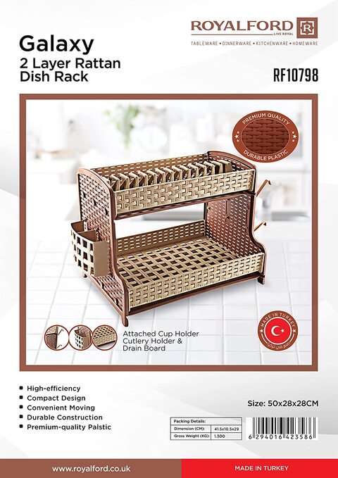 Royalford Galaxy 2 Layer Rattan Dish Rack, Plastic Drip Tray, RF10798 Multi Purpose 2 Tier Dish Rack With Cup Holder &amp; Cutlery Holder For Kitchen Countertop, Multicolor