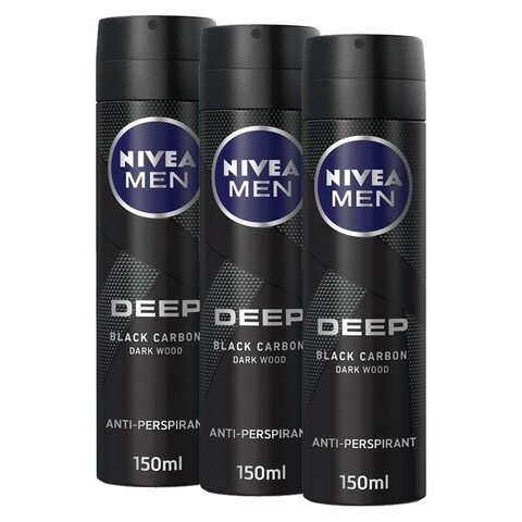 Buy Nivea Deep Black Crabon Dark Wood Deodorant Spray 150ml x3 in UAE