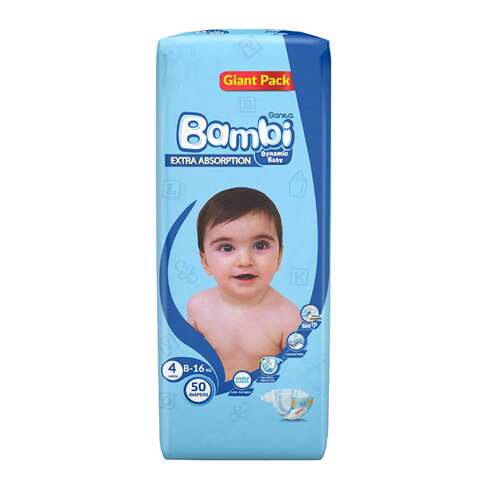Sanita Bambi Baby Diapers Giant Pack Size 4, Large, 8-16 KG, 50 Count
