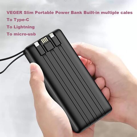 Veger Portable Power Bank 20000mAh Built-In Cables, Qi Fast Charge Slim Power Bank 20000mAh, Digital Display Power Bank 20000mAh For iPhone, Samsung And Etc