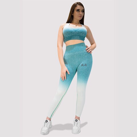 Kidwala 2 Pieces Armour Set - High Waisted Seamless Leggings with Sports half Sleeves Top Workout Gym Yoga Ombre color Outfit for Women (Small, white &amp; Teal)