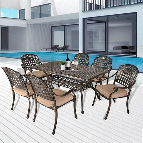 Yulan 7-Piece Outdoor Furniture Dining Set, All-Weather Cast Aluminum Patio Conversation Set, Include 6 Chairs And A Rectangle Table With Umbrella Hole For Balcony Lawn Garden Backyard (A) 609