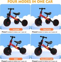 SKY-TOUCH 4 in 1 Kids Balance Bike Kids Tricycles for 1-4 Years, Toddlers Trike with Adjustable Seat Indoor Outdoor, Boys Girls Kids First Birthday Gifts Red