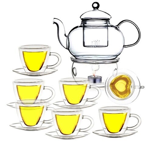 LIYING Double Wall Glass Teapot Set Combined With  Teapot 1 x 600ml ,1 Candle Warmer ,  Love-heart shape Teacups and Sauce [6 x 120ml], Heat-resistant Stovetop Dishwasher Safe Teapot with Removable fi