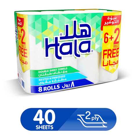 Hala Kitchen Towels (6+2 free) Rolls 2 Ply 40 Sheets