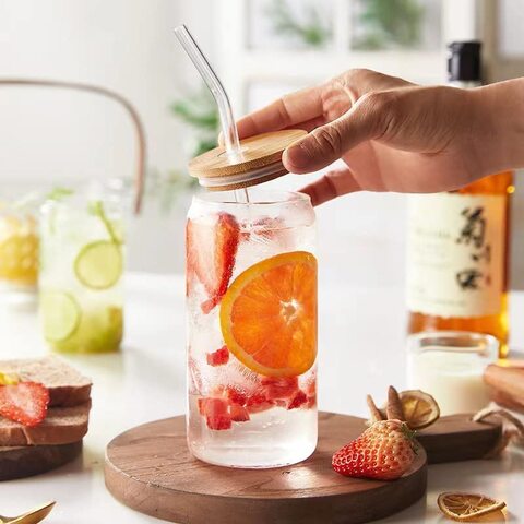 Borosilicate Drinking Glass with Bamboo Lid and Glass Straw