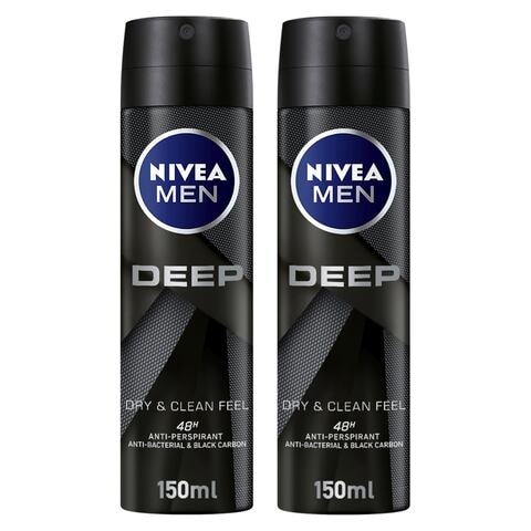 اشتري NIVEA MEN Antiperspirant Spray for Men 48h Protection DEEP Black Carbon Antibacterial Woody Scent 150ml Pack of 2 في الامارات