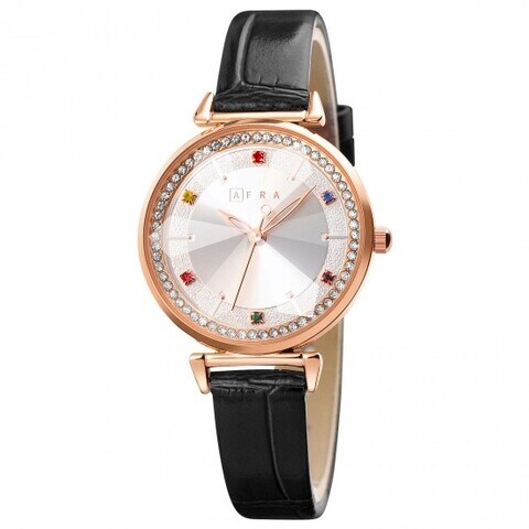 AFRA GEMMA LADIES WATCH ROSE GOLD CASE WHITE DIAL BLACK LEATHER