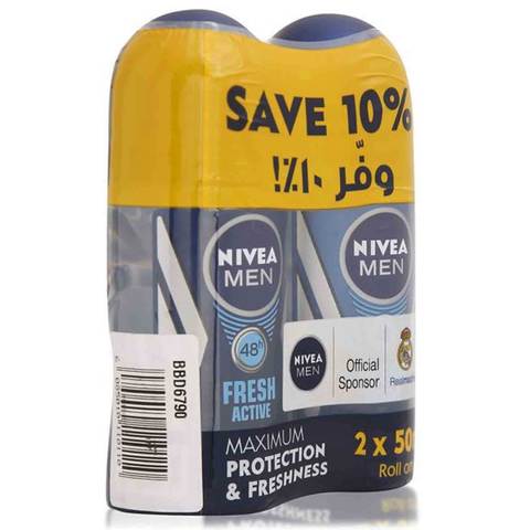 NIVEA MEN  Antiperspirant Roll-on for Men  Fresh Active Fresh Scent 50ml Pack of 2