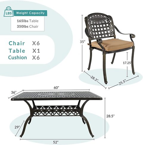 Yulan 7-Piece Outdoor Furniture Dining Set, All-Weather Cast Aluminum Patio Conversation Set, Include 6 Chairs And A Rectangle Table With Umbrella Hole For Balcony Lawn Garden Backyard (A) 609