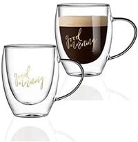 1CHASE&reg; Double Wall Good Morning Printed Glass Mug with Handle for Juice Wine Tea Coffee, Breakfast Cup Cocktail Mug for everyday use, 350 ML ,2Pcs Set.