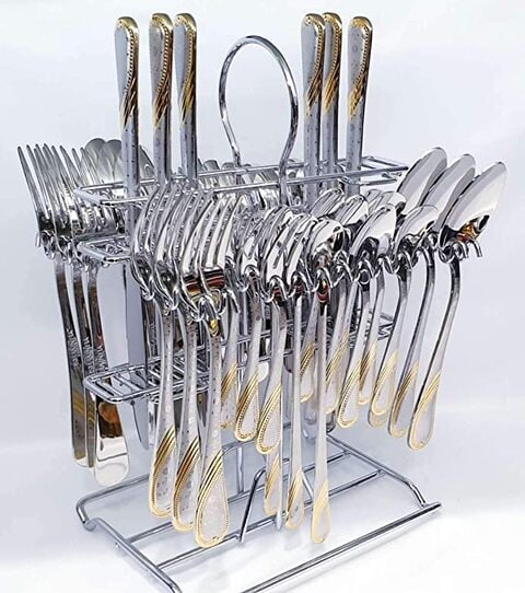 AtauX 46 PCS Solid Stainless steel Cutlery Set, Modern/Elegant Flatware Utensils with stand, Dish Washer safe - Gold
