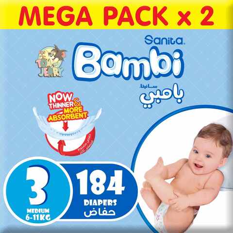 Sanita Bambi Diapers Size 3 Medium 6-11kg White 92 Diapers Mega Pack of 2