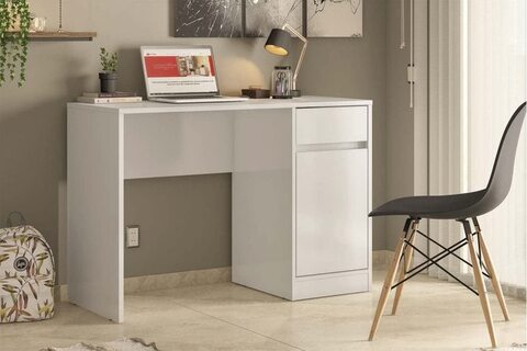 White high gloss online desk with drawers