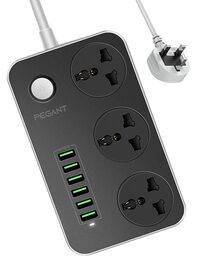 Pegant 3 Way Power Extension Cord, 3 Universal Plugs Power Strip, 6 USB Fast Charging Ports 2 Meters Cable Surge Protector