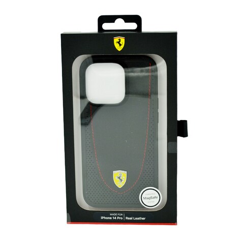 Ferrari Magsafe Leather Stitched Red Line Hard Case For Iphone 14 Pro Black