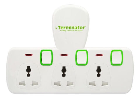 تيرمينيتور  - مقبس تمديد طاقة عالمي ب3 مقابس مع مفاتيح فردية ومؤشرات، 13 أمبير، معتمد من إيزما