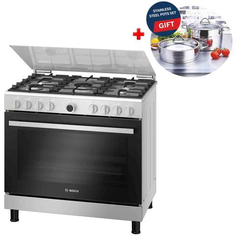 Bosch Gas Cooker 90x60 CM HGV1D0V50M Black Silver (Plus Extra Supplier&#39;s Delivery Charge Outside Doha) + Free Cooking Set