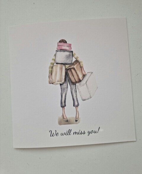 We will miss you! Card with lady and a bunch of suitcases
