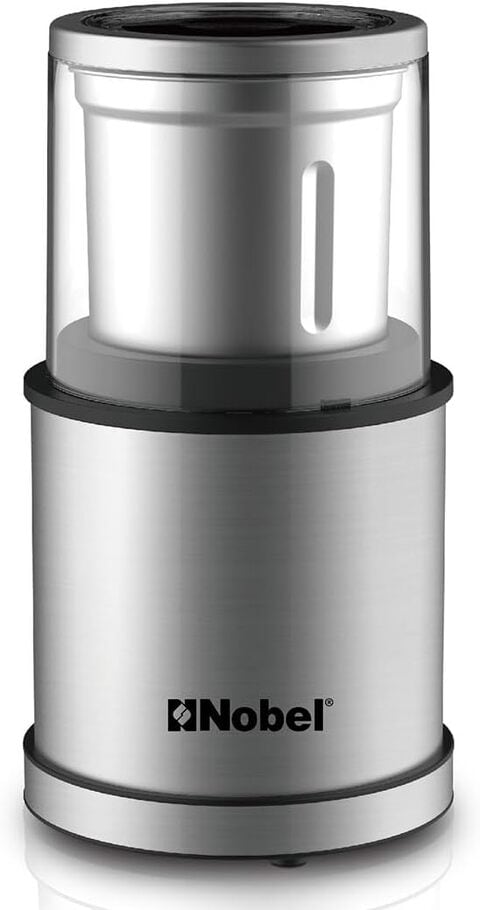 Nobel Portable Coffee Grinder 75 Gm Capacity With Removable Stainless Steel Jar And Transparent Main Cover 200W With 1Pc Dry &amp; 1Pc Wet Grinder Jar NB805 Silver/Black/Clear
