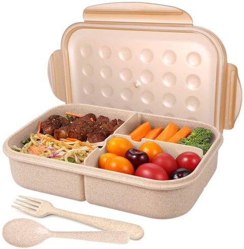 NuSense Bento Box for Adults Wheat Lunch box for Kids 3 Compartments Anti-Leakage Food Container Microwave Safe (Wheat)