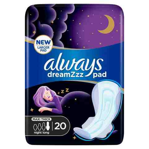 Always Dreamzz Women Pads Clean &amp; Dry Maxi Thick Night Long With Wings 20 Counts