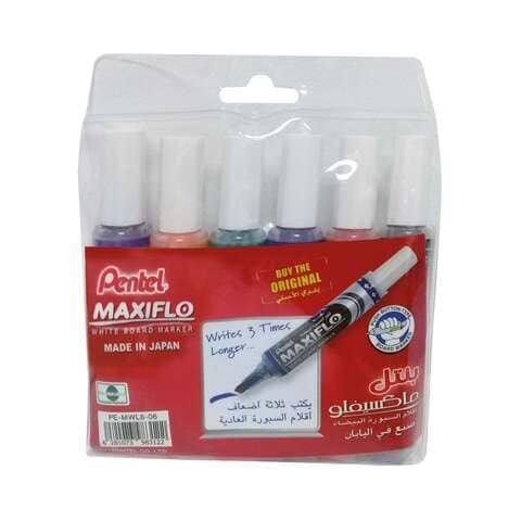 Pentel Maxiflo Chisel Tip White Board Marker Multicolour 6 PCS