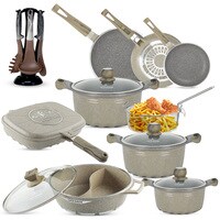 Life Smile Cookware Set Granite Non-Stick 100% Pfoa Free - 21 Pieces Induction Pots And Pans Set Include Casseroles, Fry Pans, Hot Pot, Double Grill Pan, Frying Basket, Kitchen Utensils