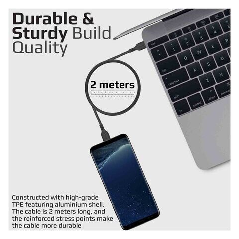 Promate Power Beam Data Sync And Charging USB Type-C To USB Type-C Cable 2m Black