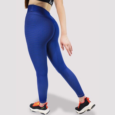 Kidwala Striped Capri Leggings - High Waisted Workout Gym Yoga Scrunch Butt Pants for Women (Large, Blue)